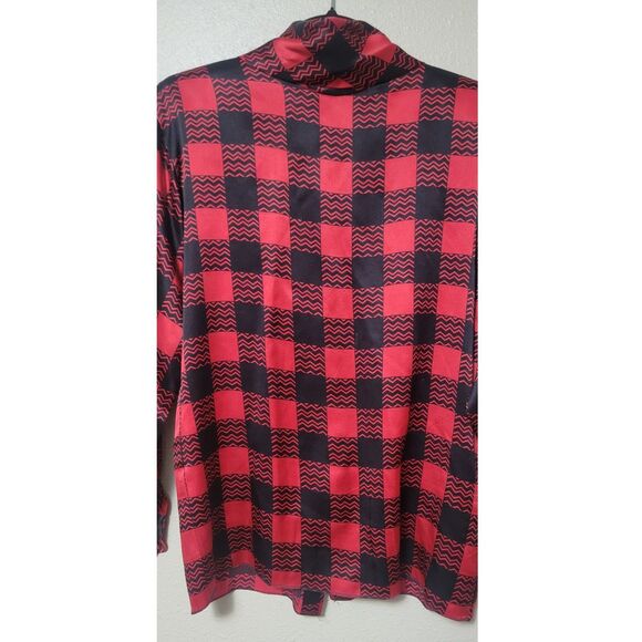 80/90s St. John Bow Neck Red Black Geometric Pattern Silk Work Retro Blouse Sz 6 - Picture 9 of 13